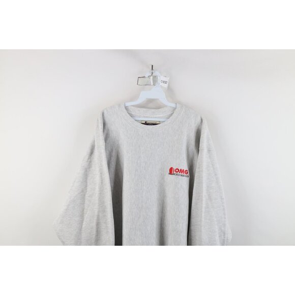 Vtg 90s Champion Reverse Weave Mens Large OMG Roofing Crewneck Sweatshirt Gray - Picture 2 of 12